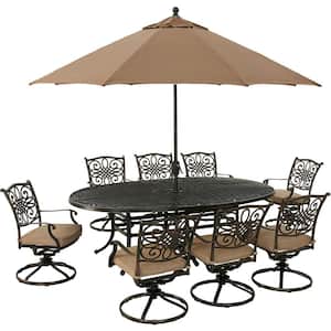 Traditions 9-Piece Aluminum Outdoor Dining Set with Tan Cushions, 8 Swivel Rockers, Cast-Top Table, Umbrella and Base