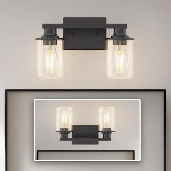 14.17 in. 2-Light Vintage Matte Black Vanity Light with Cylindrical Glass Shades, E26 Base Bathroom Fixture