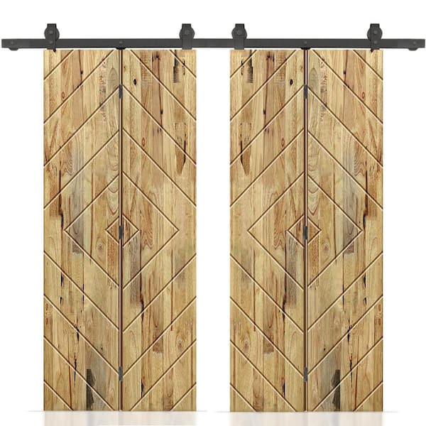 CALHOME Diamond 56 in. x 80 in. Weather Oak Stained Hollow Core Pine Wood Double Bi-Fold Door with Sliding Hardware Kit