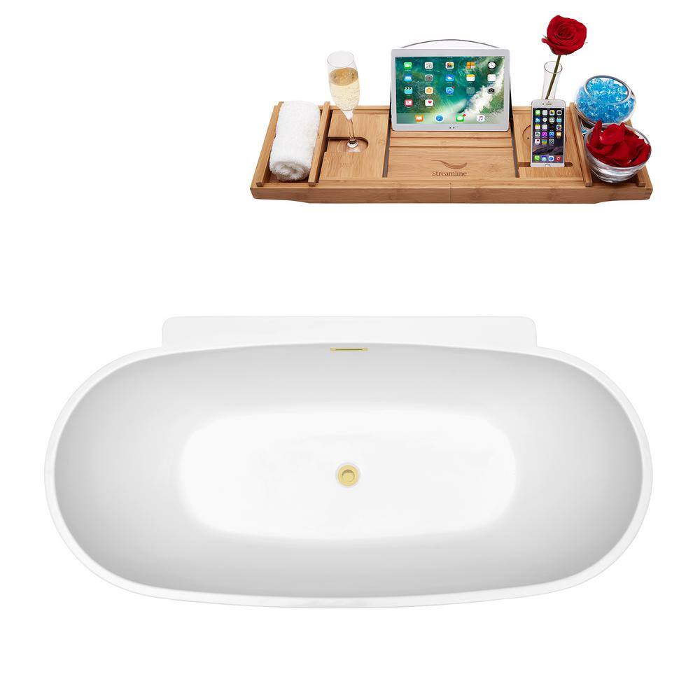 59" Glossy White Acrylic Freestanding Soaking Bathtub with Polished Brass Drain