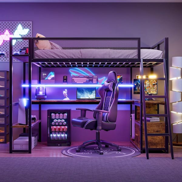Black Twin Size Wood Loft Bed with Built-in Workstation, LED and Multiple Storage