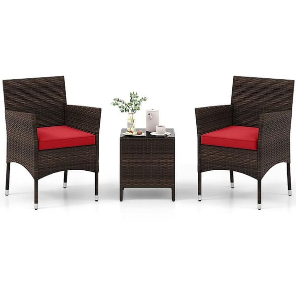 3 PCS Outdoor Conversation Set w/ Cushioned Seat & Tempered Glass Tabletop Red