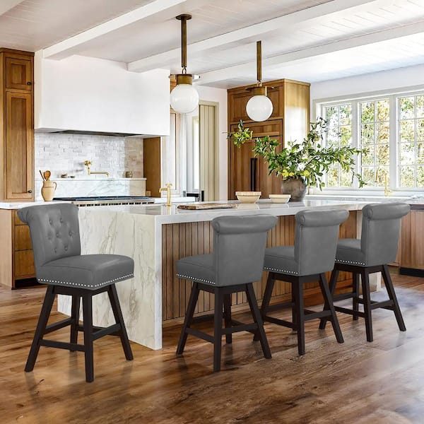 26 in. Dark Grey Faux Leather Swivel Barstool Solid Wood Counter Stool Nail Head Trim and Tufted Backrest Set of 4