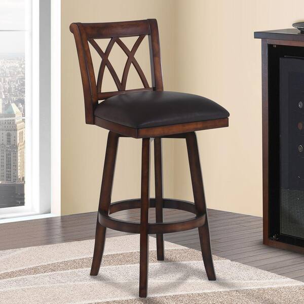 Armen Living Sonoma 26 in. Brown Faux Leather and Pecan Wood Finish Swivel Bar Stool