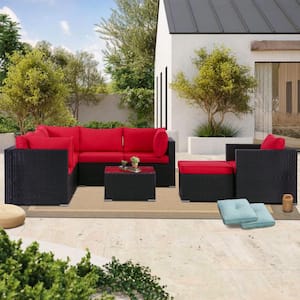 Black PE Rattan Wicker 8-Piece Outdoor Sectional Patio Conversation Furniture Set with Red Cushions