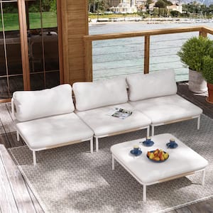 4 Piece Metal Outdoor Sectional Sofa with Beige Cushions 4-Armrest