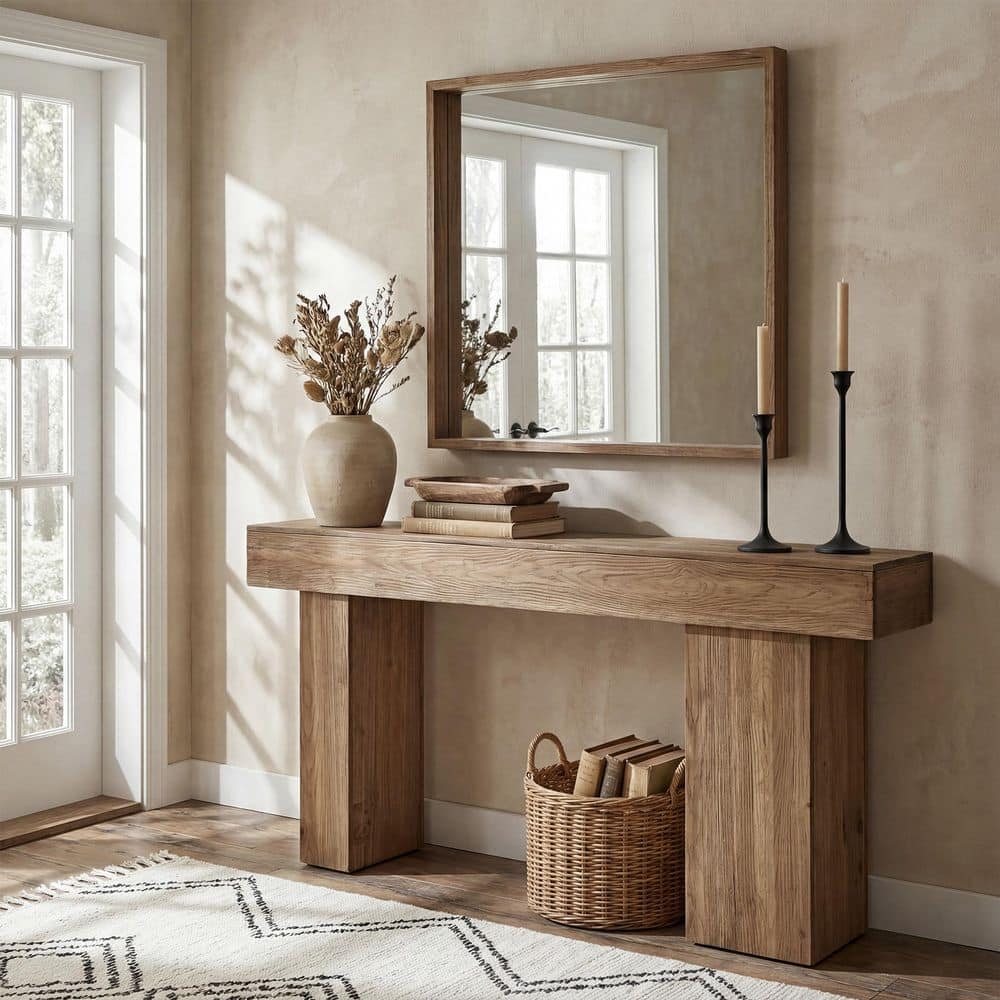 Turrella 63" in. H Brown Rectangle Solid Wood Console Table with Artistic Legs, Farmhouse Entryway Table for Living Room