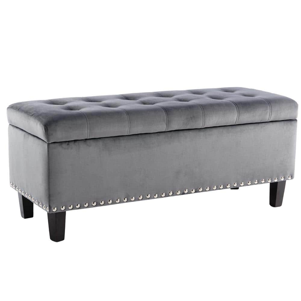 ECOMEX Velvet Storage Bench with 3 Small Footrest Stools, Gray