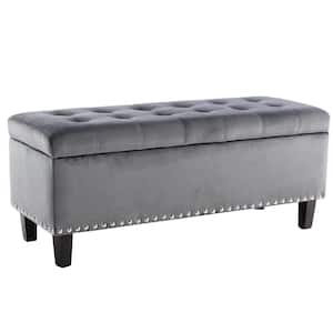 40.5 in. L Gray Velvet Rectangle Bench Ottoman with Storage