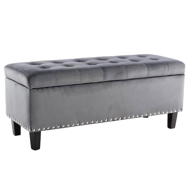 Uixe 40.5 in. L Gray Velvet Rectangle Bench Ottoman with Storage