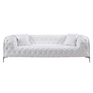 90 in. White Slope Arm Faux Leatherette 3-Seats Upholstered Straight Rectangle Tufted Sofa, Accent Pillows, Steel Feet