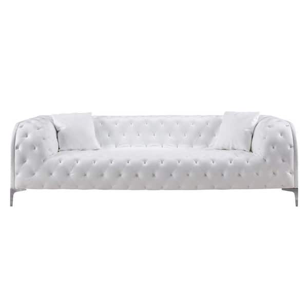 Benjara 90 in. White Slope Arm Faux Leatherette 3-Seats Upholstered Straight Rectangle Tufted Sofa, Accent Pillows, Steel Feet