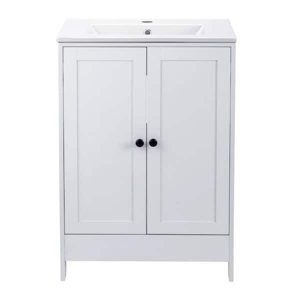 24 in. Freestanding White Bath Vanity with Door Back Storage with Ceramic Top Unassembled