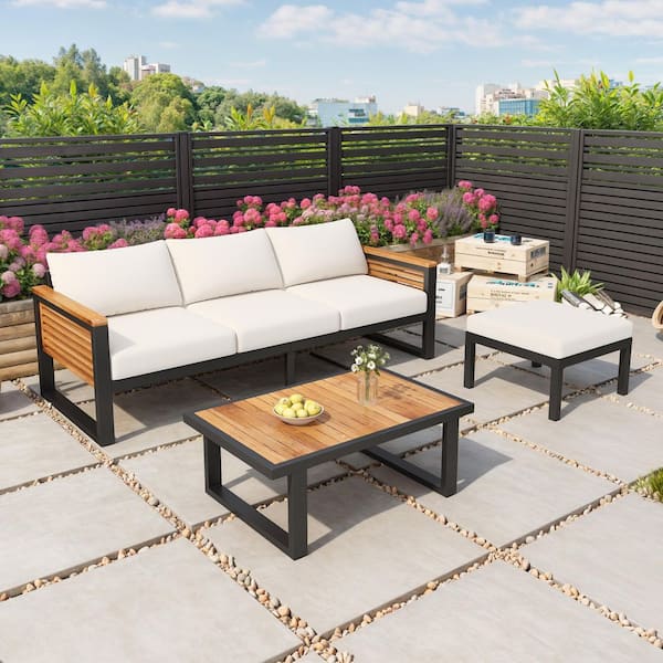 Teak & Black 3-Piece Outdoor Acacia Wood and Metal Outdoor Sectional Set with Beige Cushions and Coffee Table