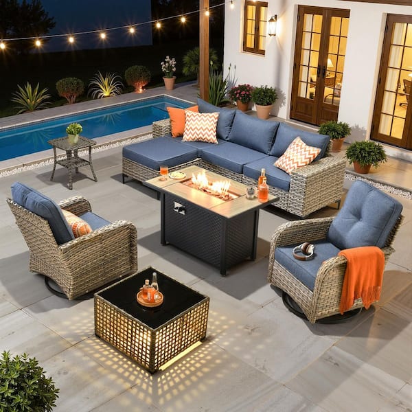 Verano 9-Piece Wicker Outdoor Patio Conversation Sofa Swivel Chairs Set with Metal Fire Pit and Denim Blue Cushions