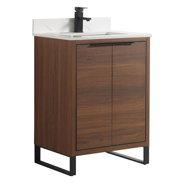 FINE FIXTURES Opulence 24 in. W x 18 in. D x 33.5 in H. Bath Vanity in Walnut Ebony with White Carrara Single Sink Stone Top