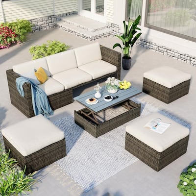 5-Piece Wicker Patio Conversation Set with Adjustable Backrest and Beige Cushions