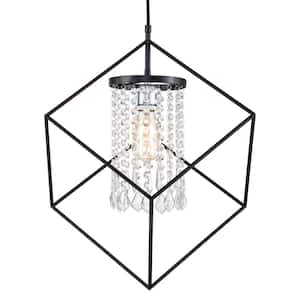 1-Light Black Cube Pendant Light with Cylinder Crystal Beads Shade