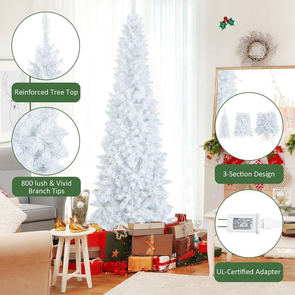 7 ft White Pre-Lit Pencil Christmas Tree with LED Lights