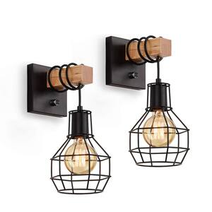 8.66 in. 1-Light Vintage Wooden Rustic Dimmable Wall Sconce Indoor Living Room Bedroom with Black Cage Shade, 2-Pieces