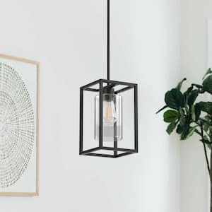 6.7 in., 1-Light Black Square Pendant Light, Industrial Retro with Clear Glass Hanging Lamp for Kitchen Island