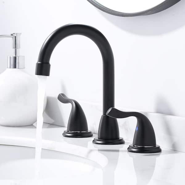 8 in. Widespread Double Handle Bathroom Faucet with Pop Up Drain, 24 in. Supply Lines and Y-shaped Hose in Matte Black