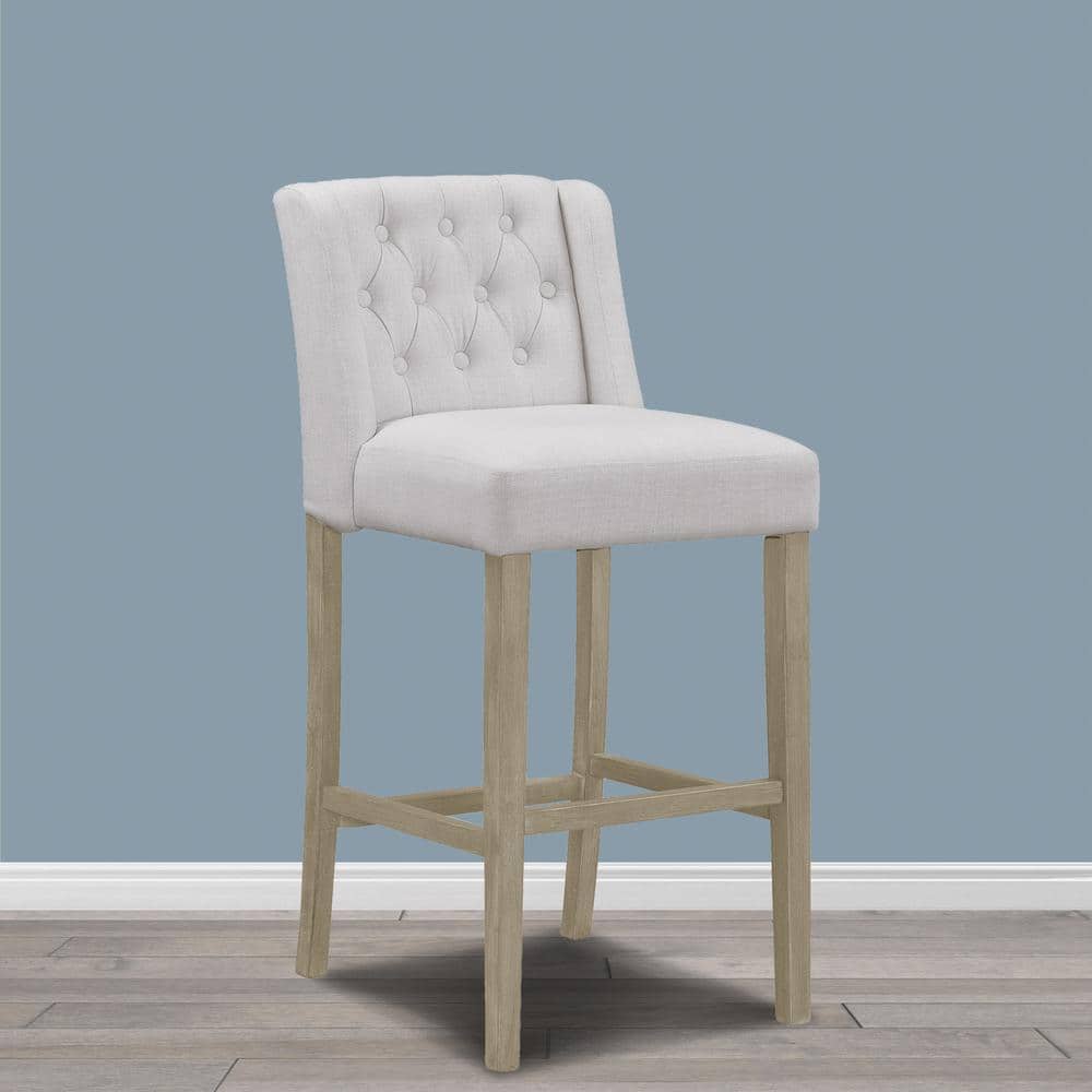 Beige Tufted Fabric Bar Stools with Wood Legs, Set of 2