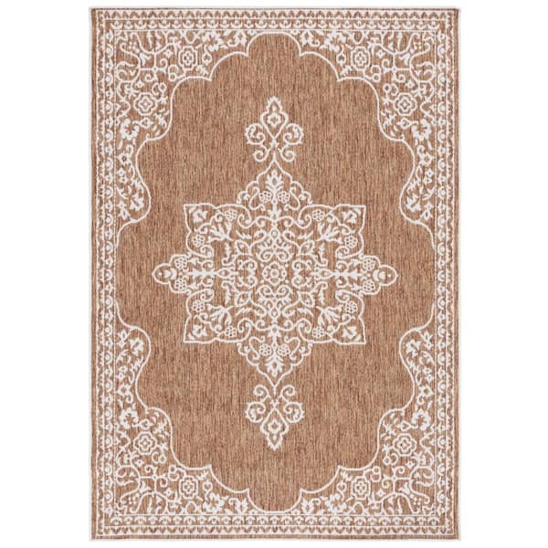 Beach House Brown/Ivory 5 ft. x 8 ft. Border Ornate Medallion Indoor/Outdoor Area Rug