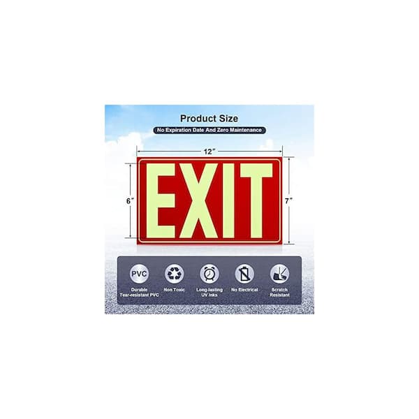 12 x 7 in. Photoluminescent Exit Sign Red w/ Adhesive Backing Tear