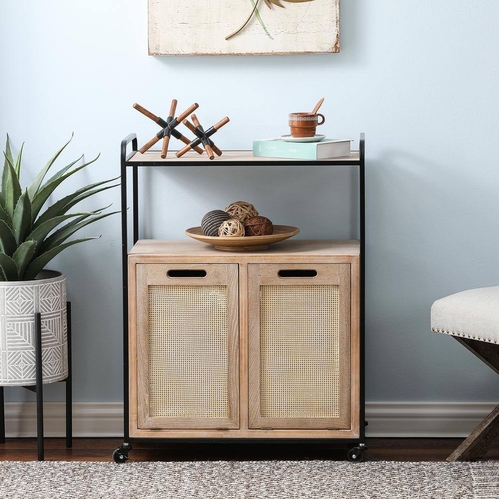 Natural Wood and Rattan Mobile Storage Cart with Wheels