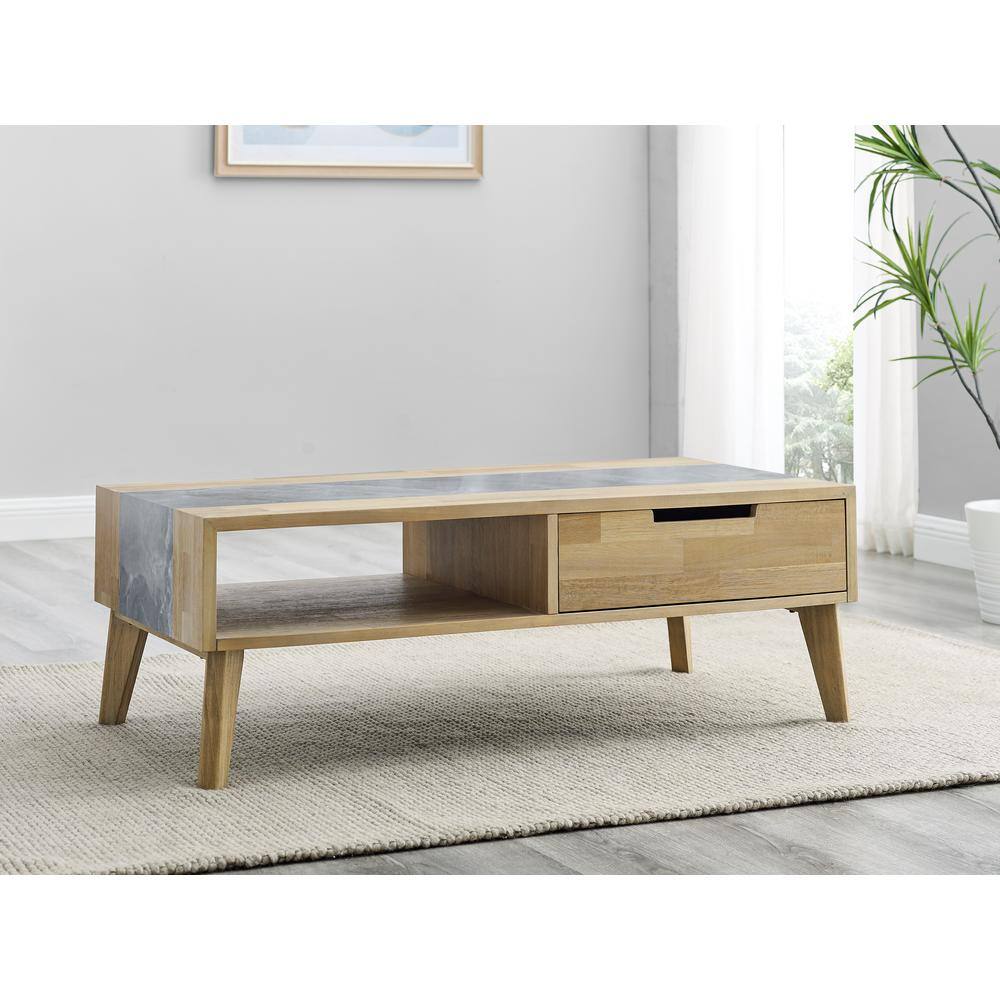Gray and Natural Wood Rectangular Coffee Table with Storage
