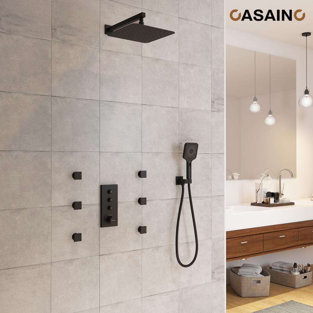 Matte Black 12-Inch Wall Mount Shower System with 6 Body Jets