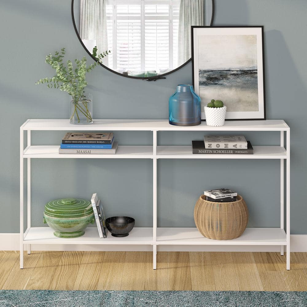 Modern Industrial Matte White Metal & Glass Console Table with Storage