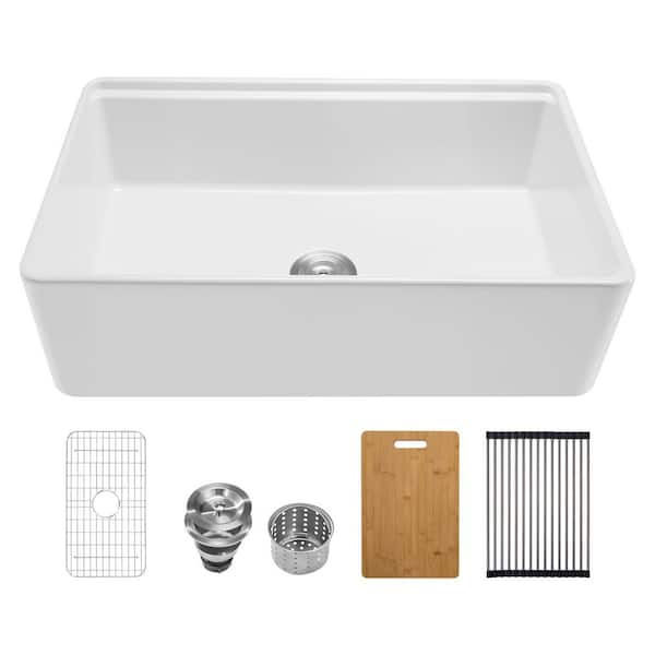 32.5 x 20 in. Farmhouse Sink, Drop-in  Fireclay White Sink Workstation, Apron Front Single Bowl Basin with Accessories