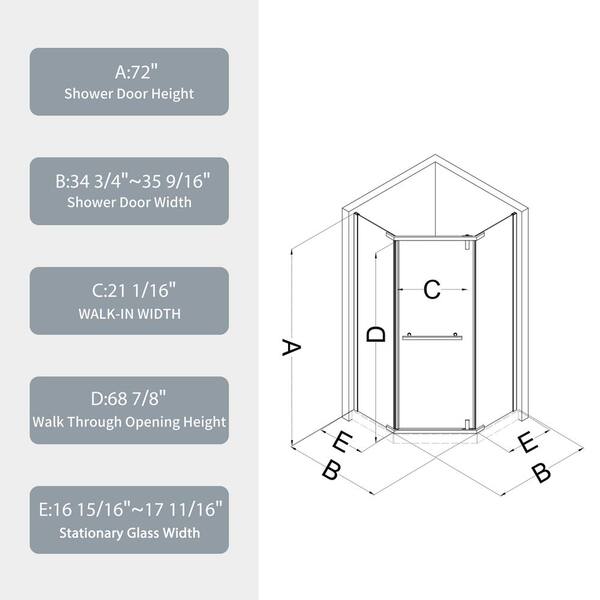 ANGELES HOME 34.75 in. W x 72 in. H Pivot Frameless Shower Door in Matte White with 1/4 in. Tempered Clear Glass