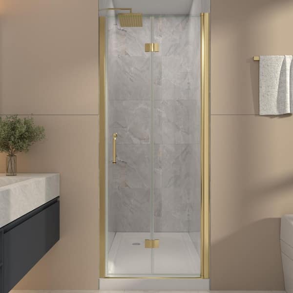 30-32 in. W x 72 in. H Bi-Fold Frameless Shower Door in Brushed Gold with Clear Glass