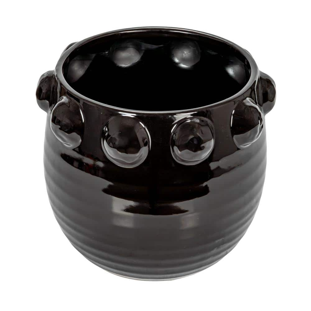 Storied Home 10.5 in. W x 9 in. H Black Glaze Terracotta Clay Decorative Pots with Raised Dots