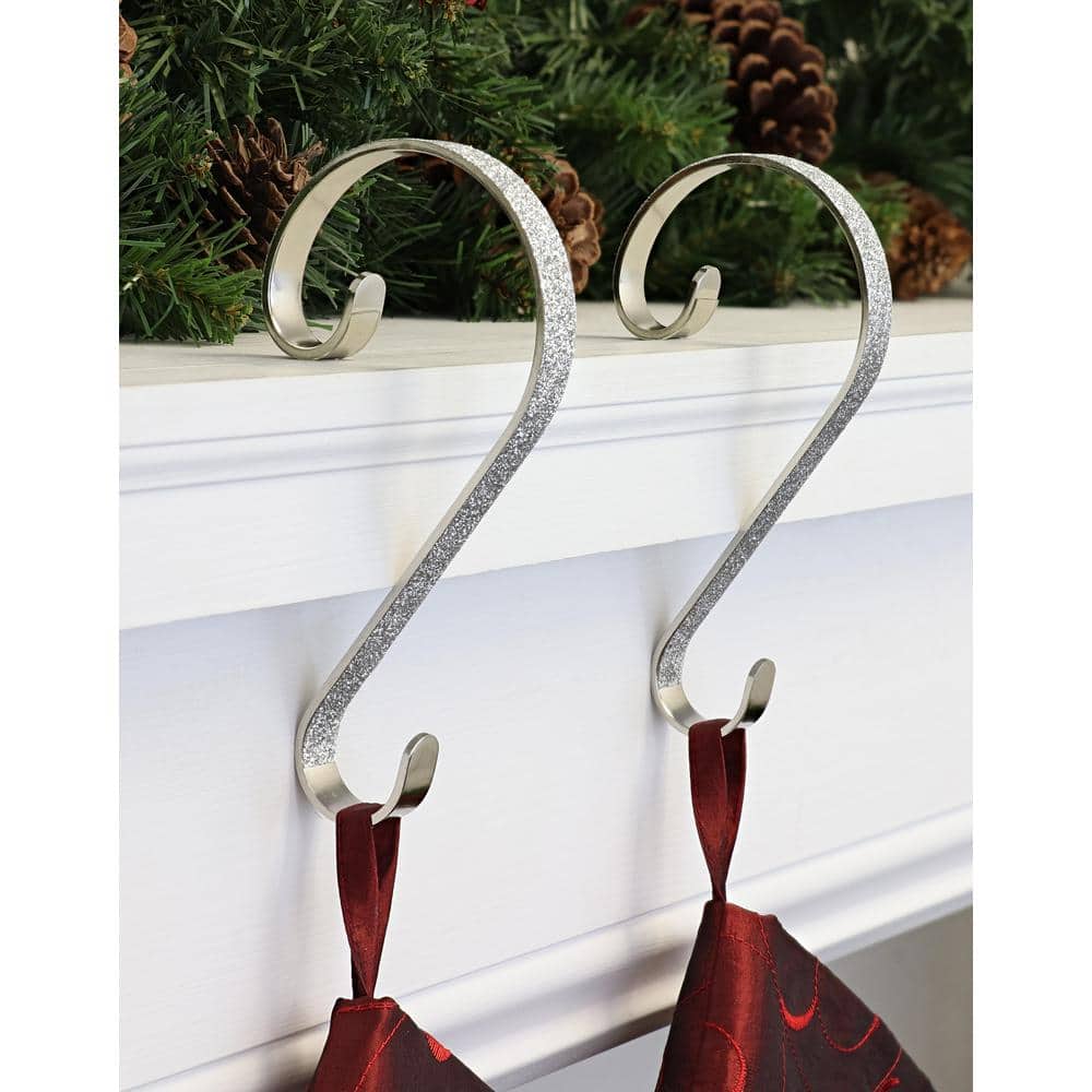 Silver Glitter Metal Stocking Scrolls Holders, 2 Pack