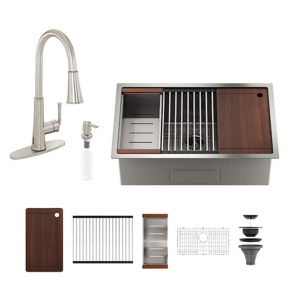 36 in. Drop in Single Bowl 18 Gauge Brushed Nickel Stainless Steel Kitchen Sink with Brushed Nickel Faucet