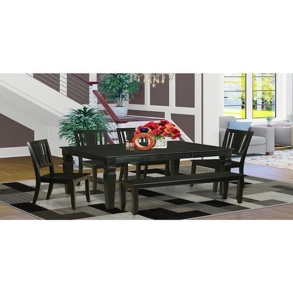 6-Piece Rectangle Black Finish Solid Wood Top dining Table with 1 Bench and 4 Chairs with Lattice Back