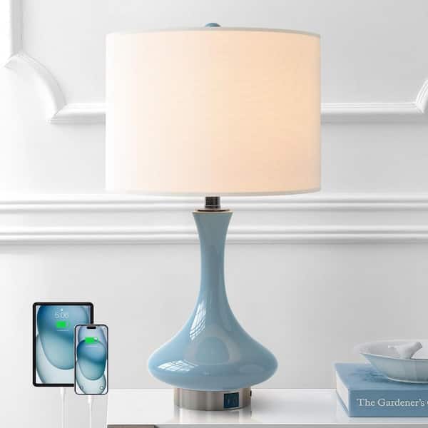 Sacramento 23.5 in. Blue Modern Dimmable Ceramic Bedroom Living Room Bedside Desk Nightstand Table Lamps Usb Port