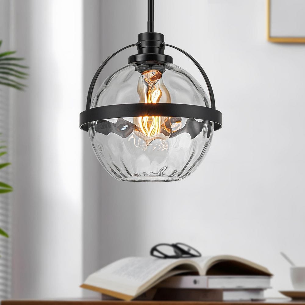 Modern 1-Light Matte Black Pendant Light with Rippled Clear Glass Shade and Adjustable Rod for Dining, Kitchen Island price history on PriceWatchPro