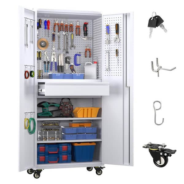 30 in. W x 71 in. H x 15 in. D Rolling Metal Freestanding Storage Cabinet with Multipurpose Pegboard, Hooks in White