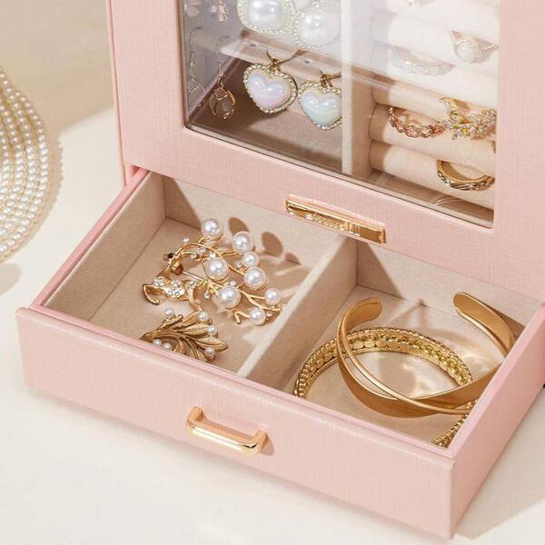 Peach Pink 7 in. x 9 in. Polyurethane Modern Jewelry Box with 3