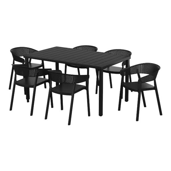 Frond and Form Outdoor Patio Modern 7-Piece Rectangular Steel Table, 6 Stackable HDPE Plastic Chairs Dining Set, Black