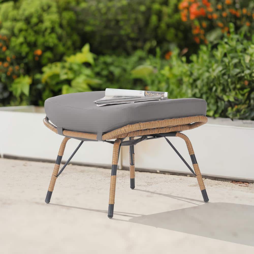 Brown Wicker All Weather Rattan Outdoor Ottoman with Removable Light Gray C