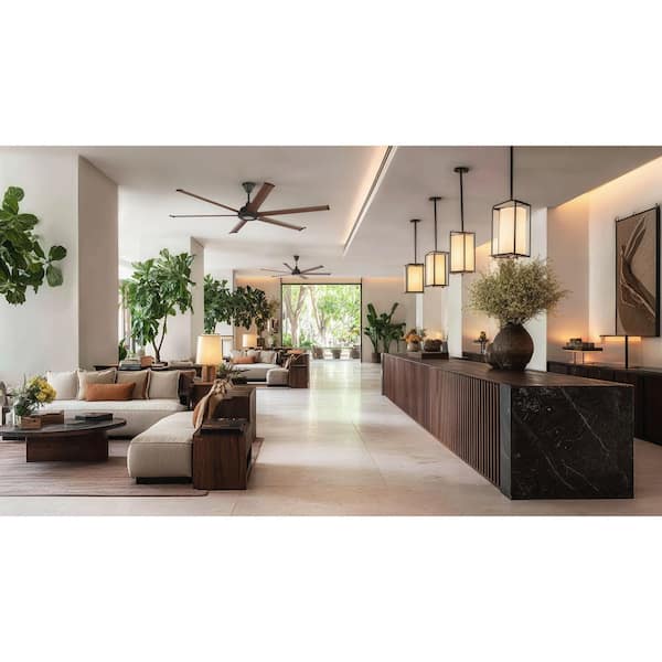 Bison 60 in. Smart Indoor/Outdoor Ceiling Fan, Black/Walnut, Universal Mount+7 in. Downrod, LED, Remote and Phone App