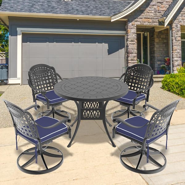 Vintage 5-Piece Cast Aluminum Patio Outdoor Dining Set with Round Dining Table, 4 Swivel Chairs and 4 Blue Cushions