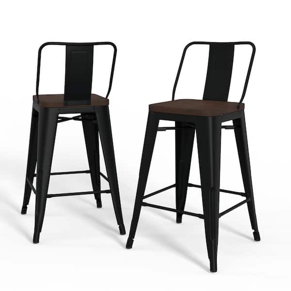 Simpli Home Rayne 17 in. Black Low Back 24 in. Metal/Wood Counter Height Stool (Set of 2)