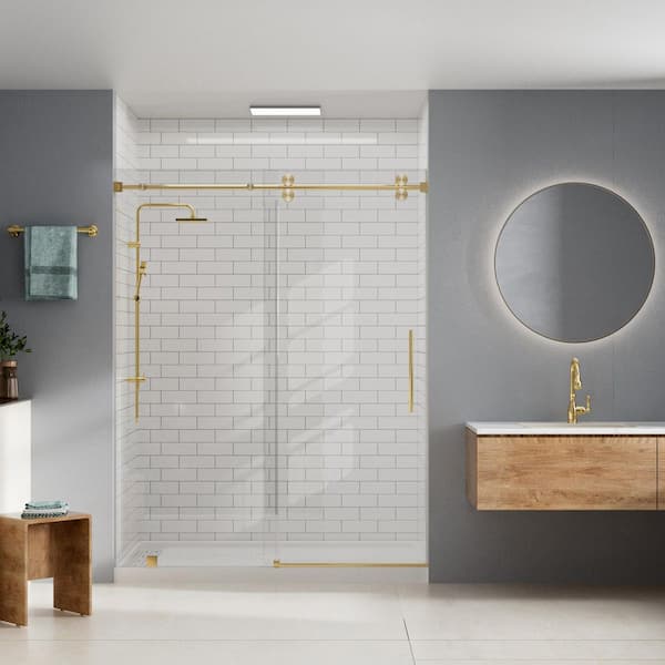 36 in. L x 60 in. W x 96 in. H Alcove Shower Stall/Kit Sliding Door in Brushed Gold with Center Drain and Brick Wall